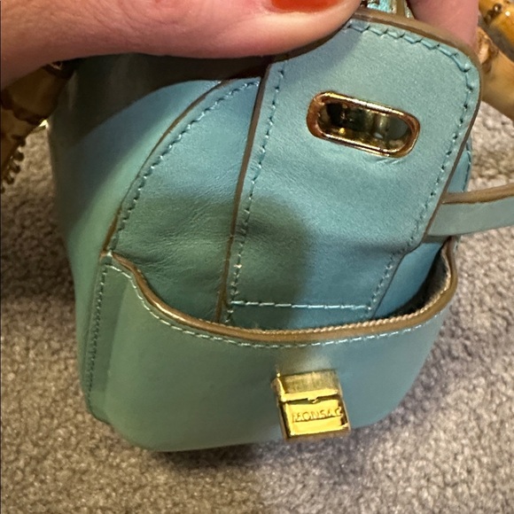 MONSAC Blue Genuine Leather Gold Accent Mini Barrel Bag with Bamboo Handles - Picture 8 of 9